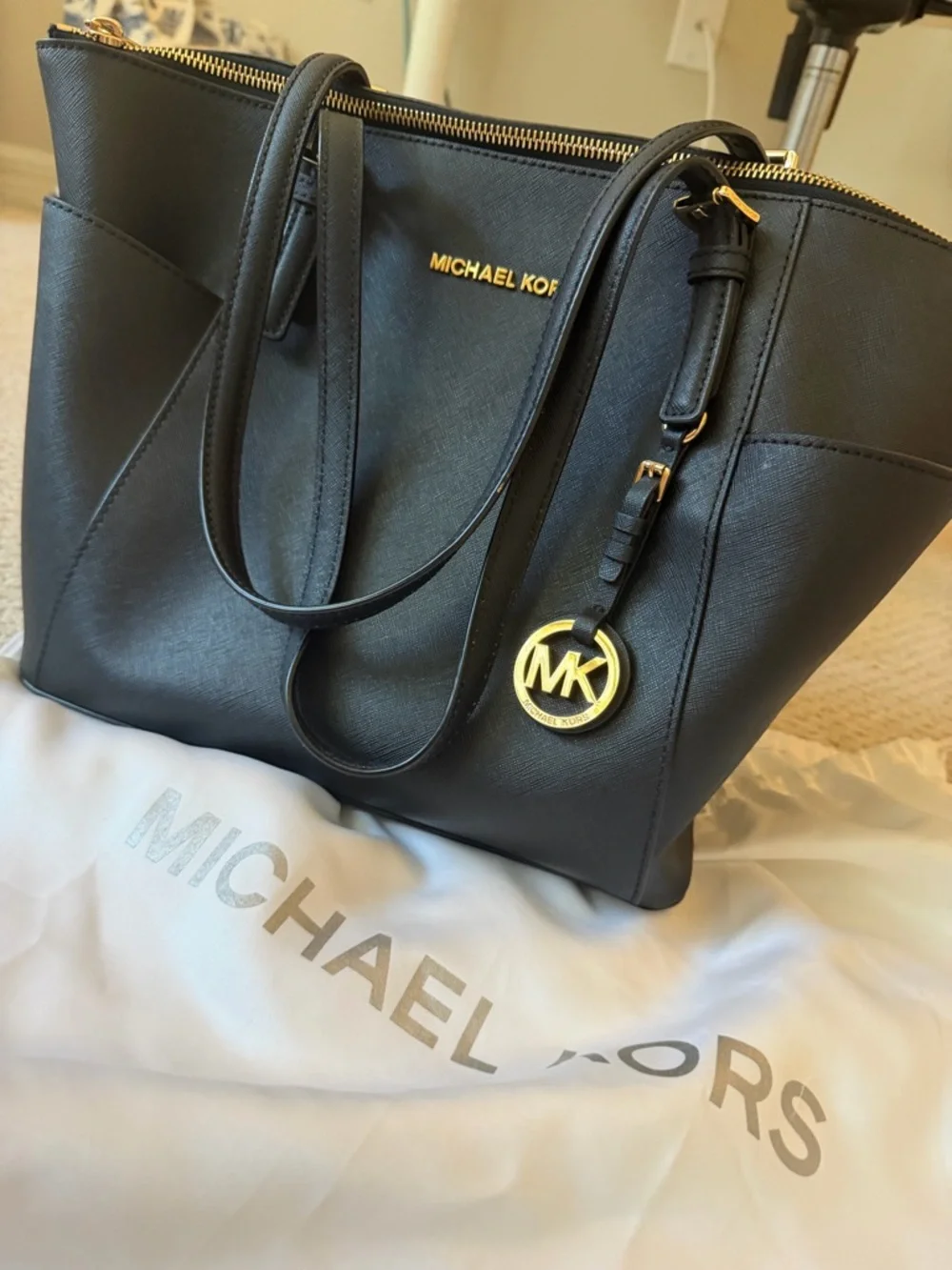 Michael Kors Black Saffiano Leather Double-Handle Tote with Gold Hardware